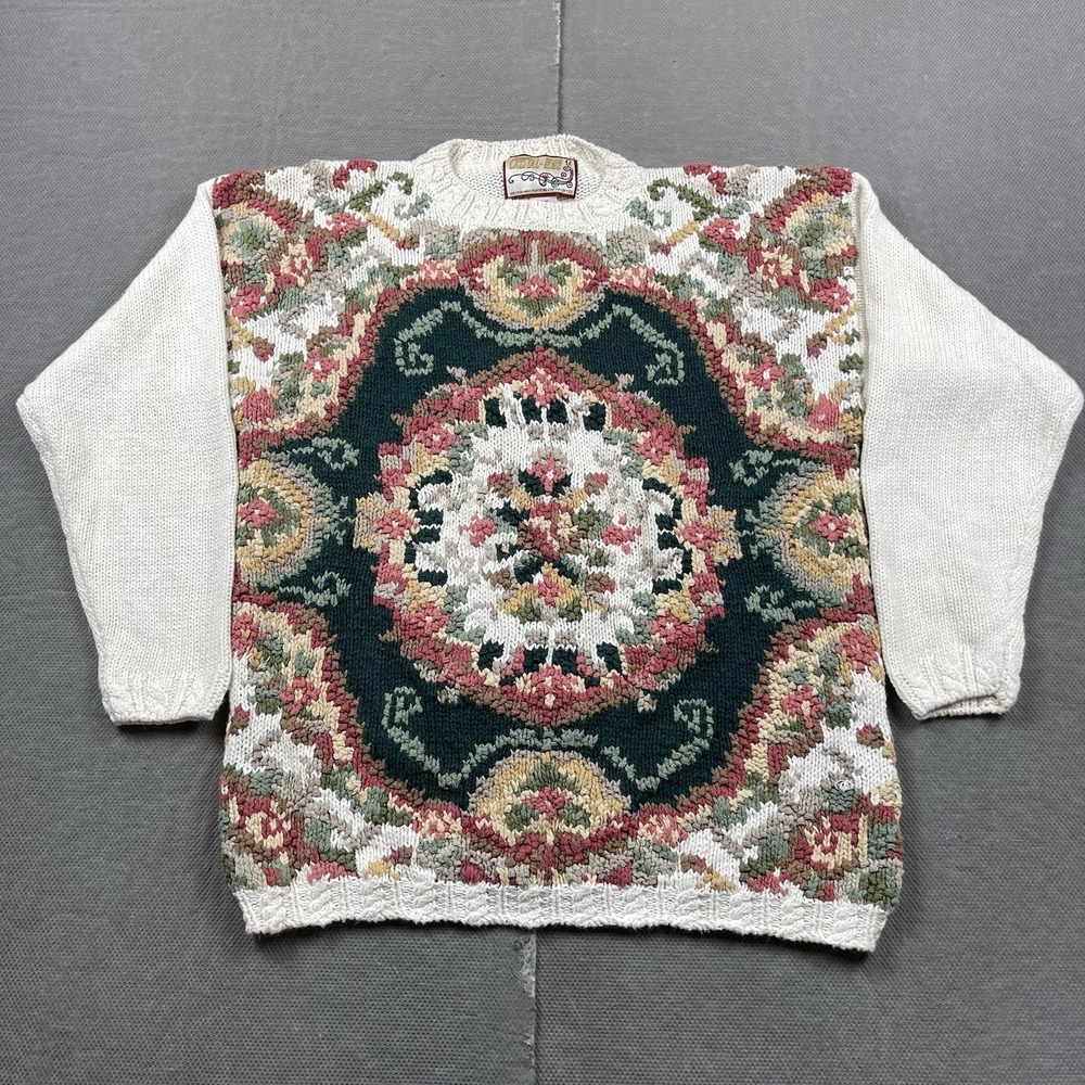 Vintage Crystal Kobe Sweater Womens Medium Floral Design Knit Crewneck Pullover‎